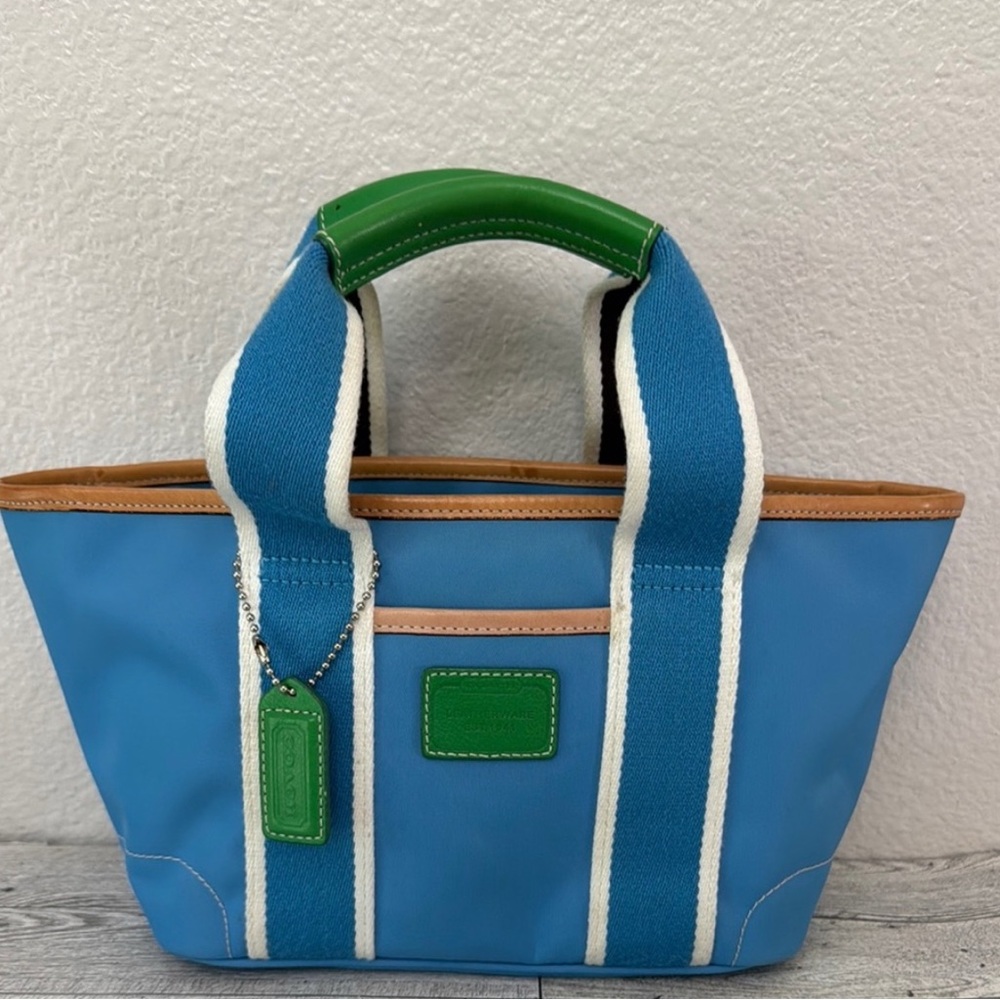 Pre-Vintage Trending Coach Mini Bag Blue and Green Leather and Canvas price firm